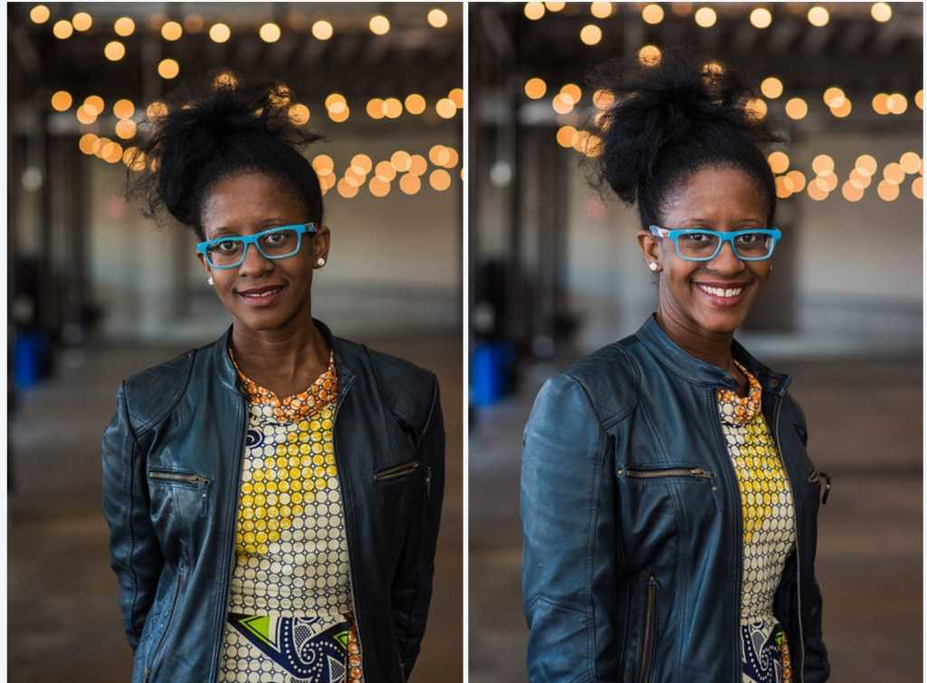 Two photos of Holly Bass, a beautiful Black woman with her hair up and bright blue framed glasses. She's wearing a black jacket over a yellow top and smiling.