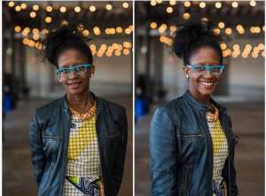 Two photos of Holly Bass, a beautiful Black woman with her hair up and bright blue framed glasses. She's wearing a black jacket over a yellow top and smiling.